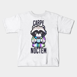 Funny Carpe Noctem (seize the night) sleepy raccoon design Kids T-Shirt